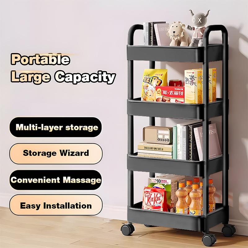 Popotidy Kitchen Shelves Storage Rack 3/4/5 Layer Trolley Cart Crevice Rack with Wheel Organizer - White/Black
