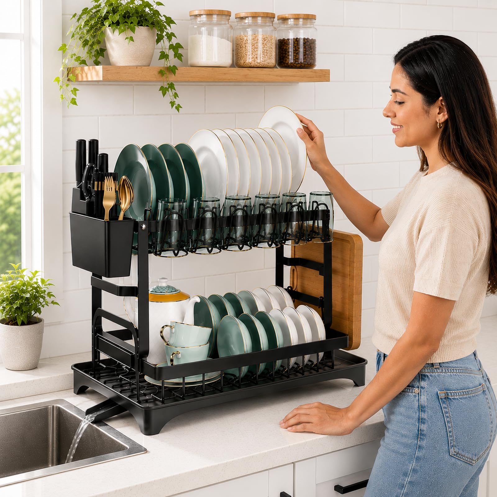 Estante Escurridor De Platos Y Trastes 2 Pisos Organizador De Cocina Con Bandeja De Drenaje Y Porta Cuchillos 2 Colores