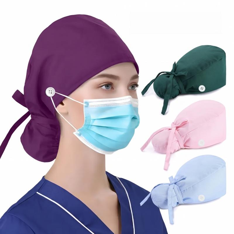 Gorro Quirúrgico De Algodón Con Botones Para Cubrebocas Y Listón Ajustable Gorro Médico Con Banda Para Sudor Enfermería