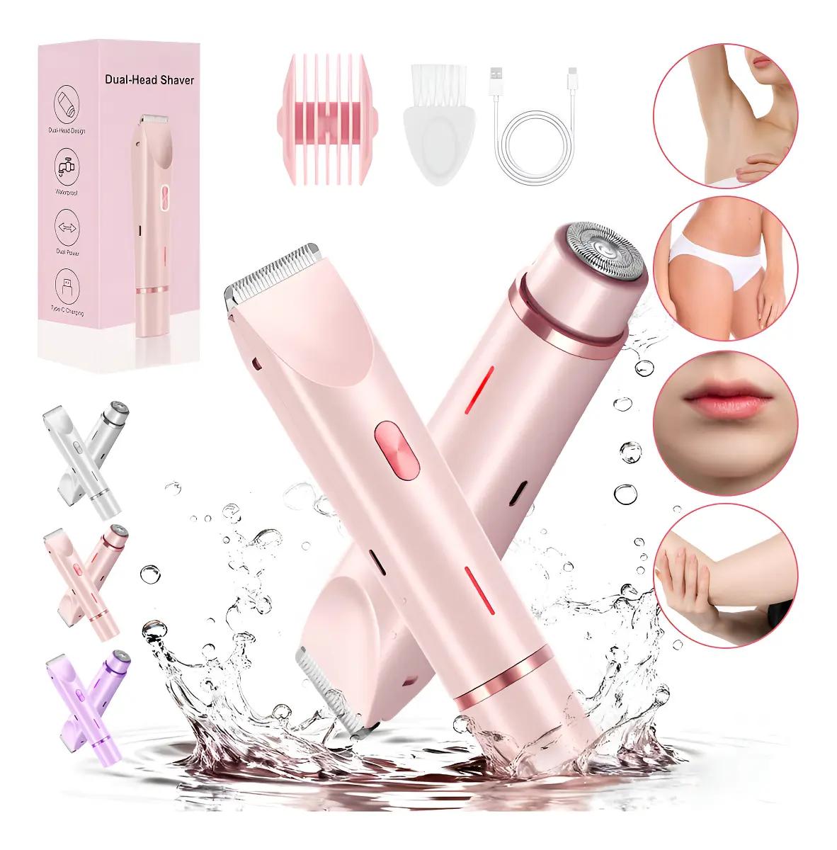 Depiladora Eléctrica De Bikini Para Mujer 2 En 1 Doble Cabezal Recortadora Indolora Resistente Al Agua IPX7 Cuerpo Rostro