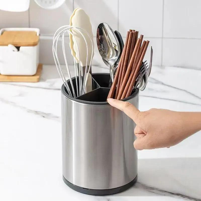 Organizador De Cubiertos De Cocina De Acero Inoxidable Para Utensilios Y Palillos, Diseño Redondo Para El Mantenimiento De La Cocina, Accesorio Funcional Con 3 Compartimentos Modernos