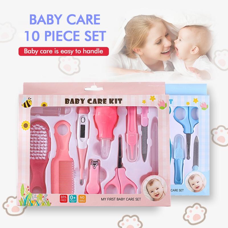 10in1 Baby Care Kit with Finger Brush, Hair Brush, Thermometer, Nail Clipper, Cleaning Clip, Scissors, and More - Newborn Nail Grooming Hygiene Set