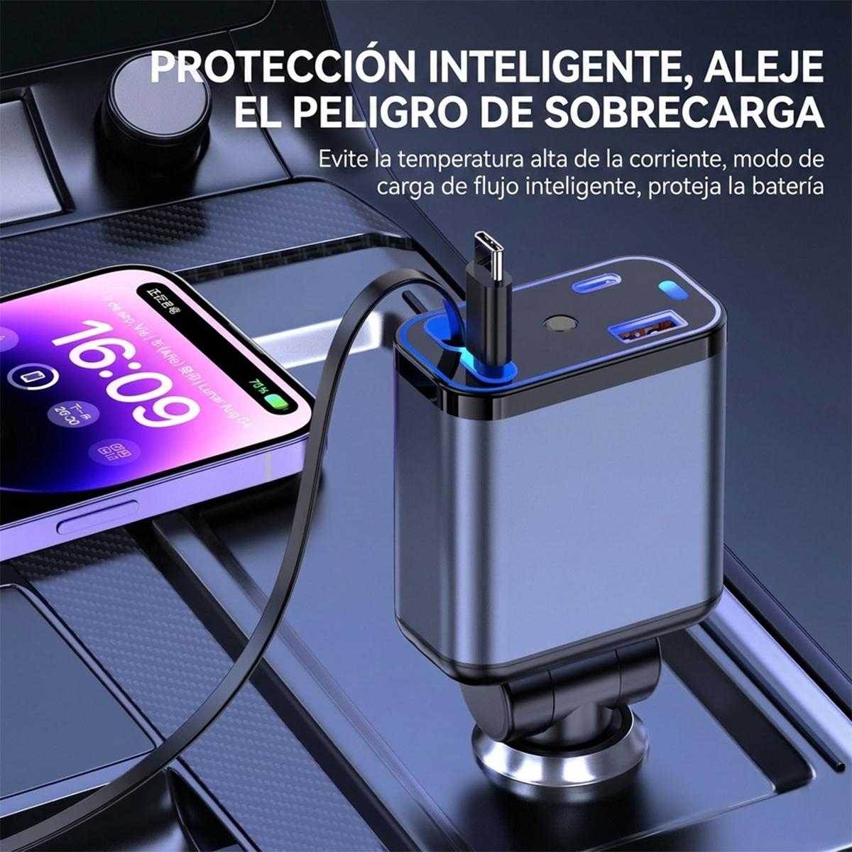 Cargador Para Auto 120W Carga Rápida 4 En 1 Con Cables Retráctiles Adaptador Tipo C Para iPhone/Samsung/Xiaomi
