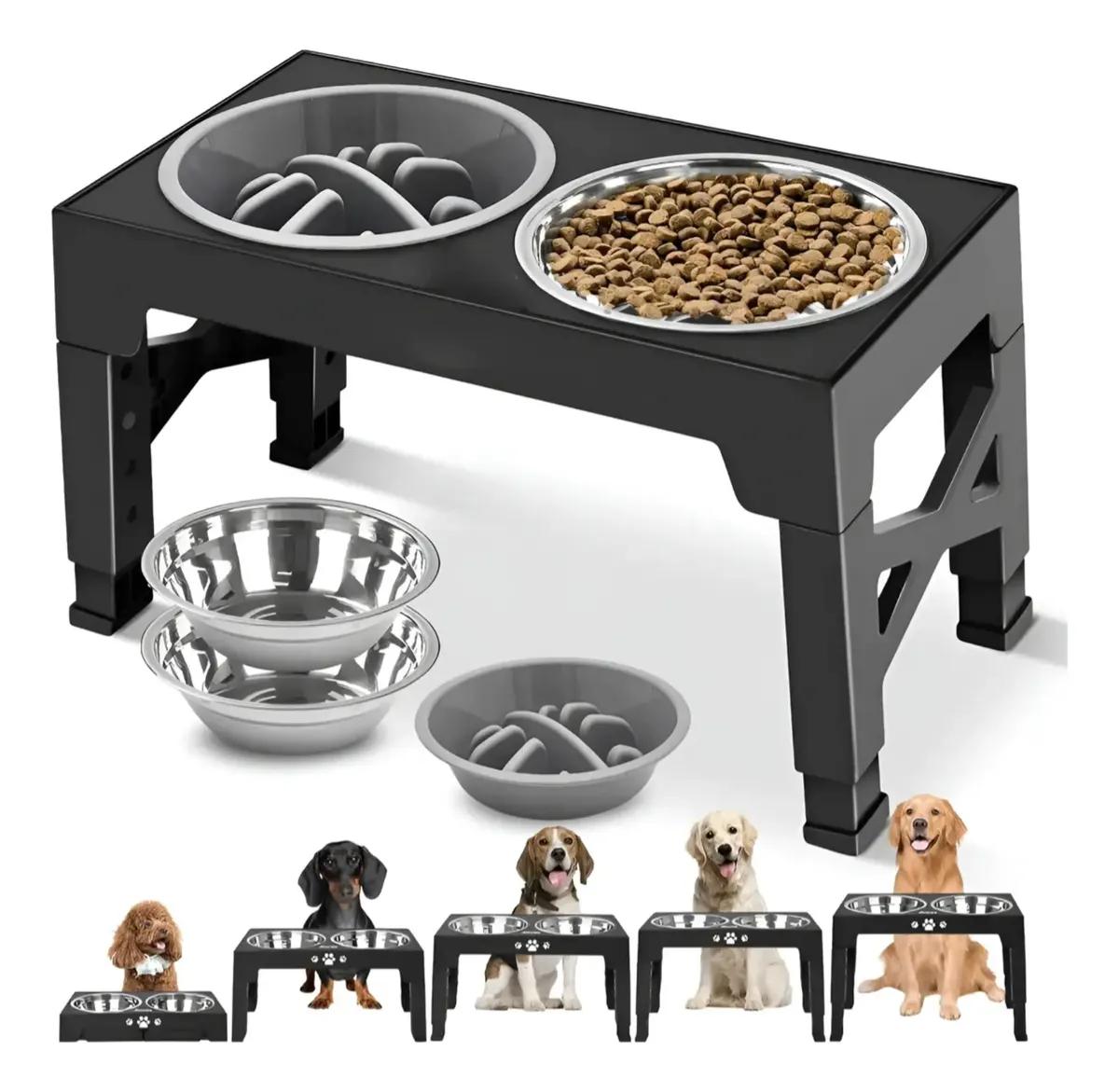 Comedero Elevado Ajustable Para Perros Y Gatos Soporte Con Cuencos De Acero Inoxidable Plato De Alimentación Lenta Mascotas