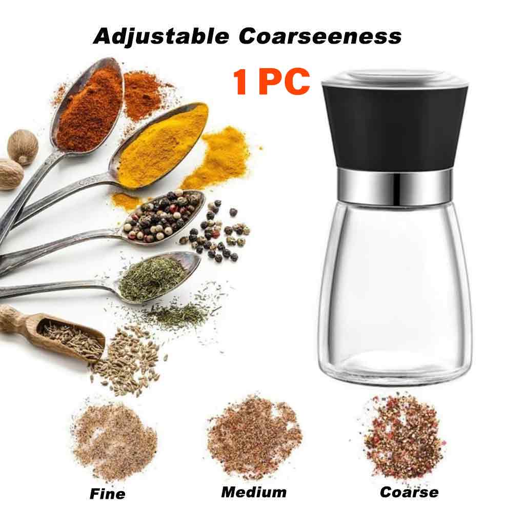 手动玻璃胡椒研磨器 香料盐研磨瓶 调味罐 厨房用具 带透明盖和易握手柄 适用于厨房调料研磨