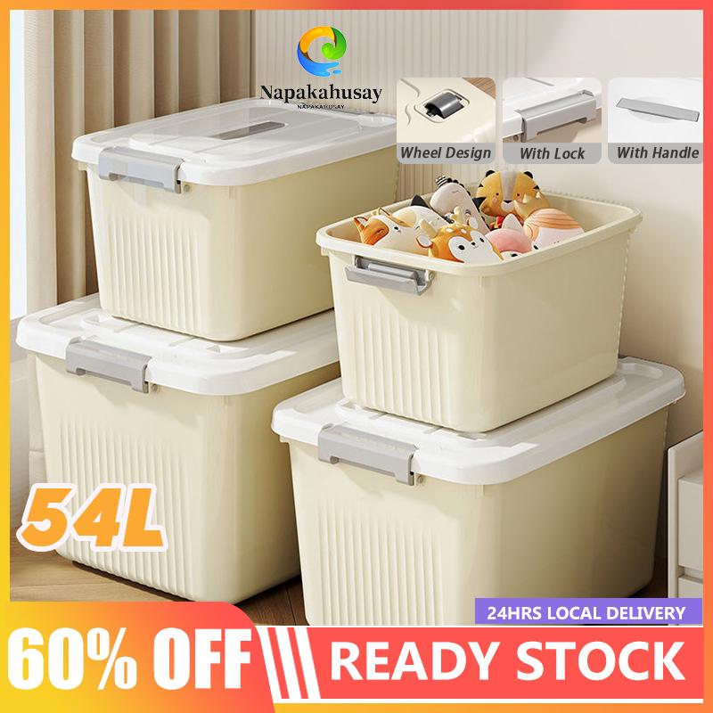 Napakahusay 54L Plastic Storage Box Stackable Large Capacity Clothes Toys Organizer Box with Handle Lid Wheel Design Lock Ready Stock Cream Color PP Material Durable Secure Easy Movement
