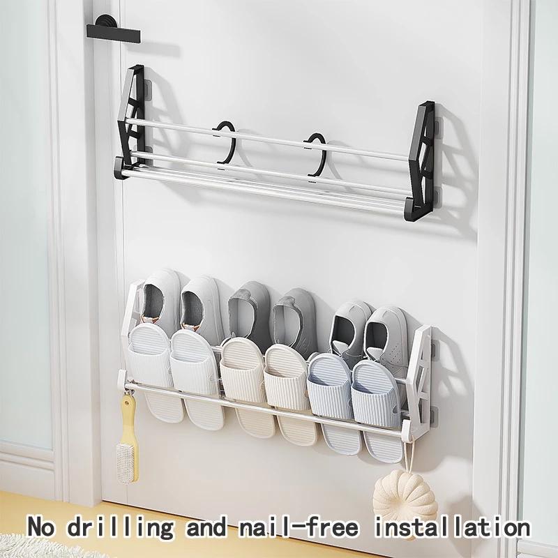 Wall Mounted Hanging Shoe Rack Slipper Organizer Space Saving Storage Rack No Punching Plastic Stainless Steel White Black 63cmx15cmx4cm