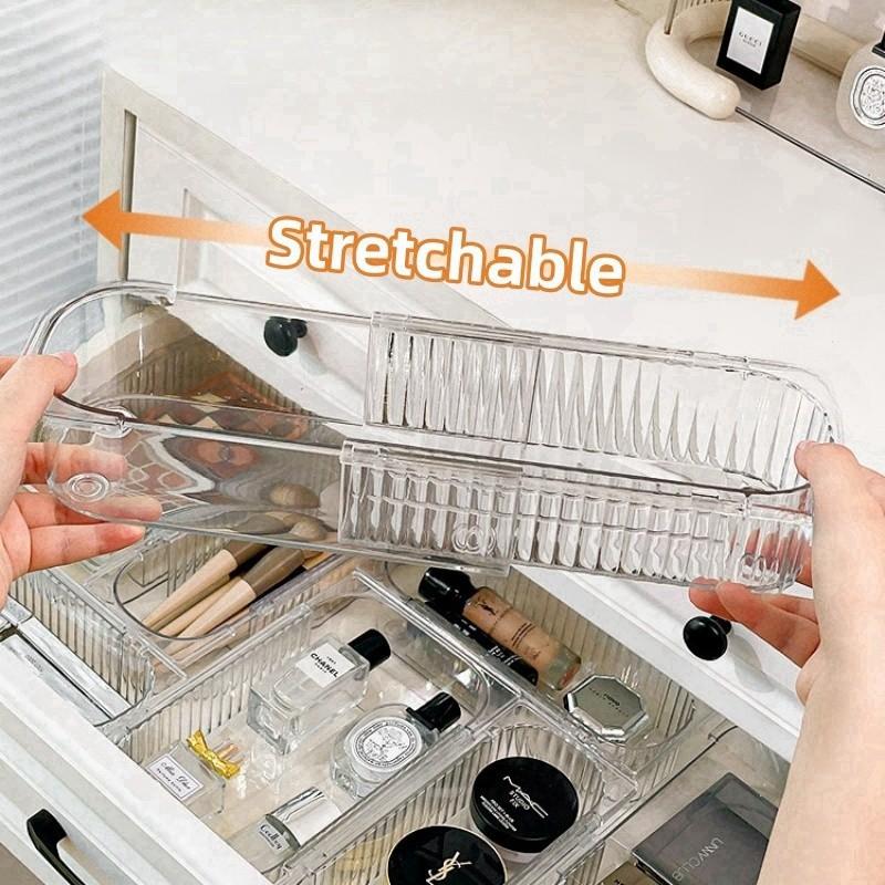 Popotidy Telescopic Desktop Storage Box Stretchable PET Material Transparent Drawer Partition for Cosmetics Jewelry & Stationery Desk Organizer Trays