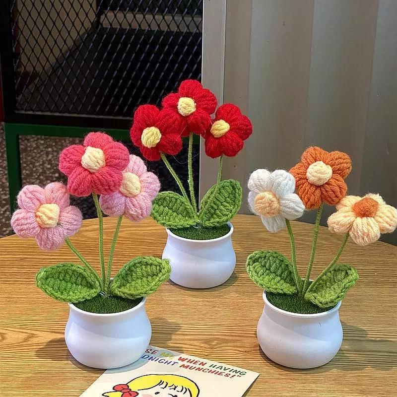Hand Woven Artificial Flowers Desktop Ornament - Perfect Mother's Day or Teacher's Day Gift - Crochet Flower Potted - Decor, Decorative