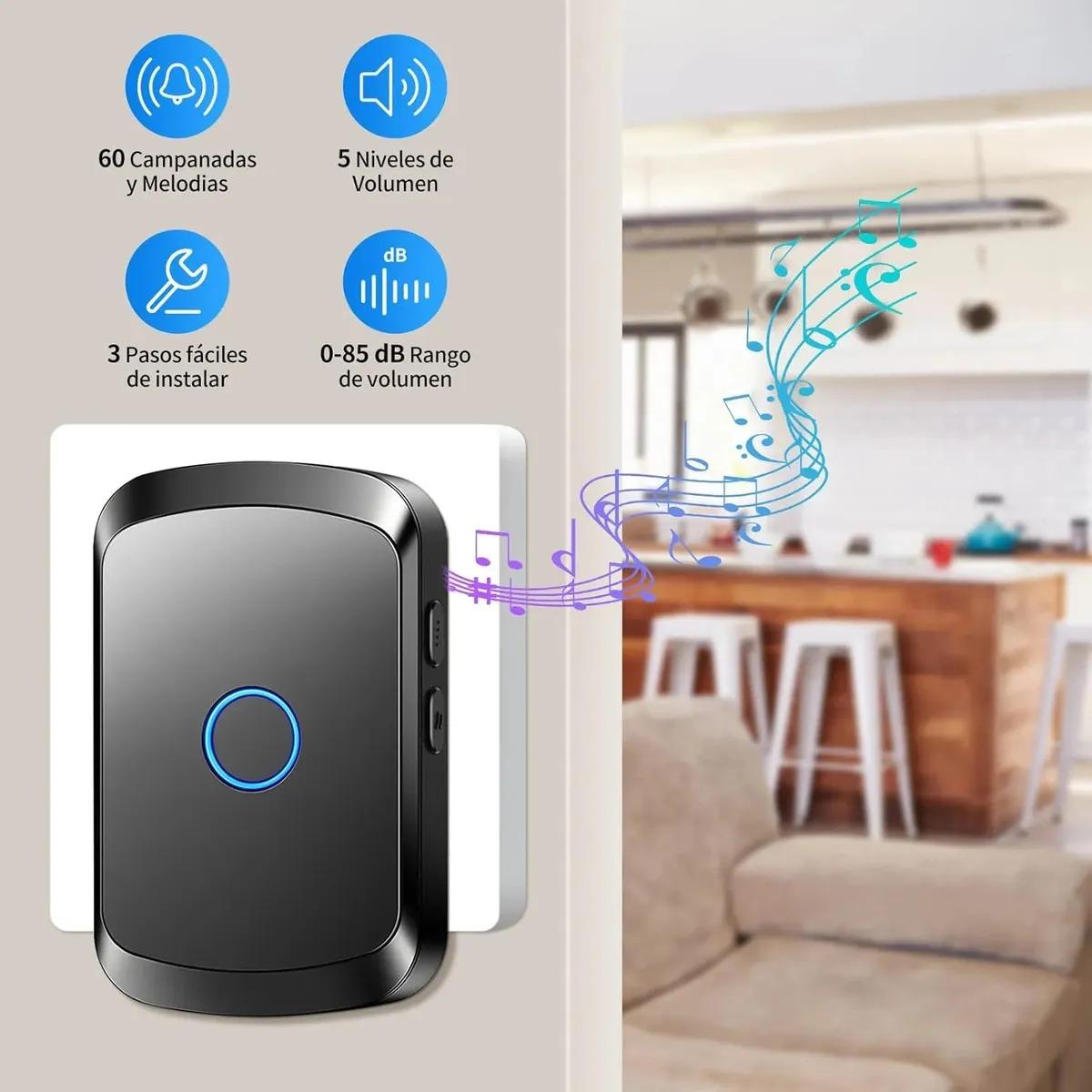 家用无线门铃 300米遥控距离 IP44防水 LED灯 60首铃声 5档音量 适用于家庭和办公室