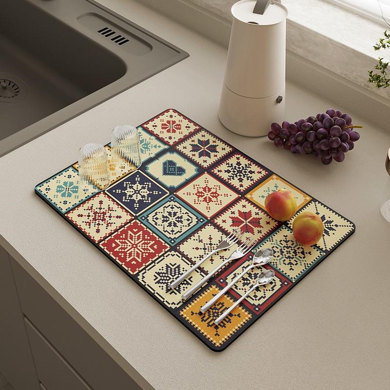 Diatomite Quick-Dry Absorbent Mat, Kitchen Dish Drying Mat, Heat Resistant Tabletop Protector, Retro Luxury Multi-Use