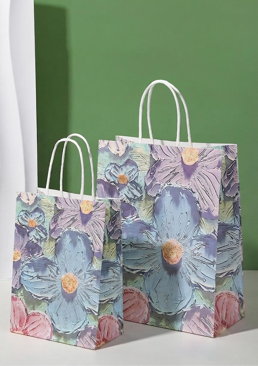 5个装带提手纸质手提袋 花卉油画风格印花礼品袋 适用于母亲节情人节圣诞节礼物包装