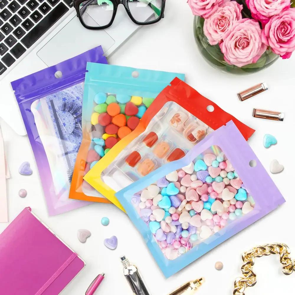 Bolsas Con Cierre Resellable 8x14 cm Ventana Holográfica Tornasol Para Empaque De Joyería Cosméticos Y Emprendimiento