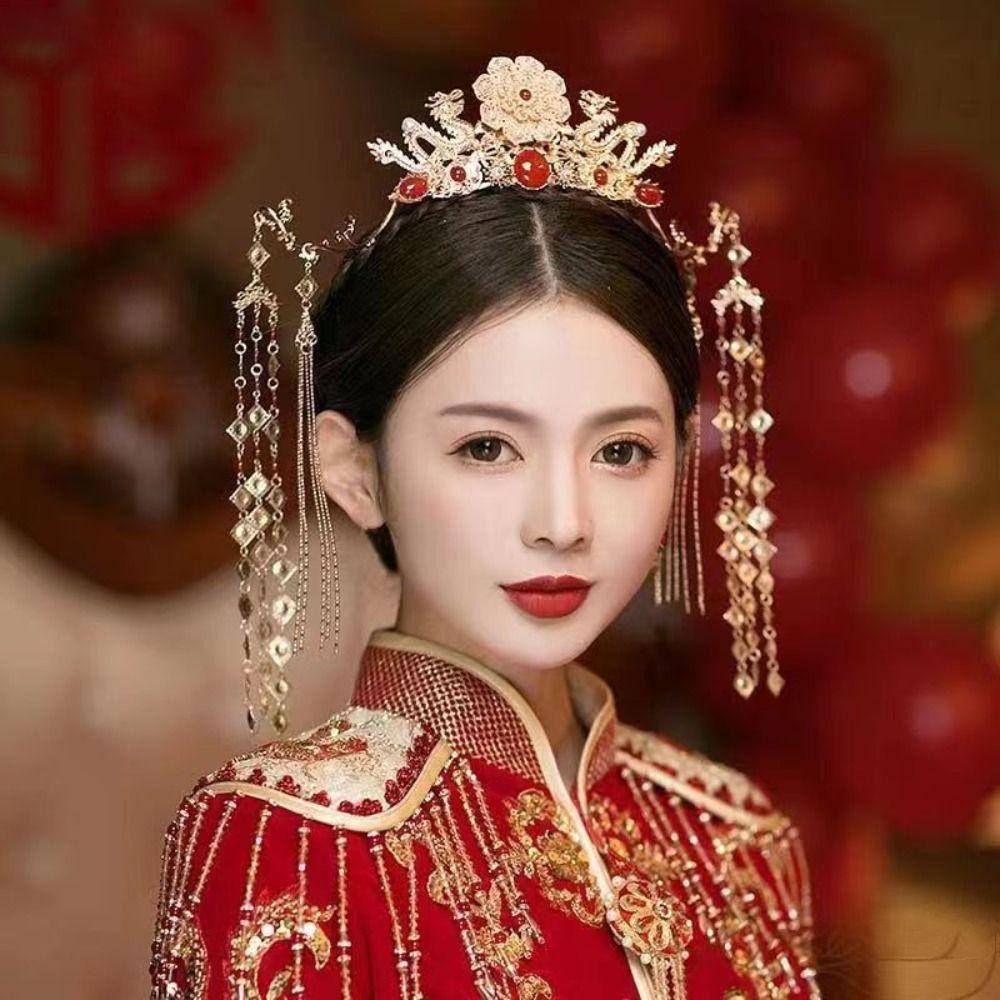 Golden Alloy Bridal Headwear with Plastic Tassel - Chinese Style Bride Coronet for Women