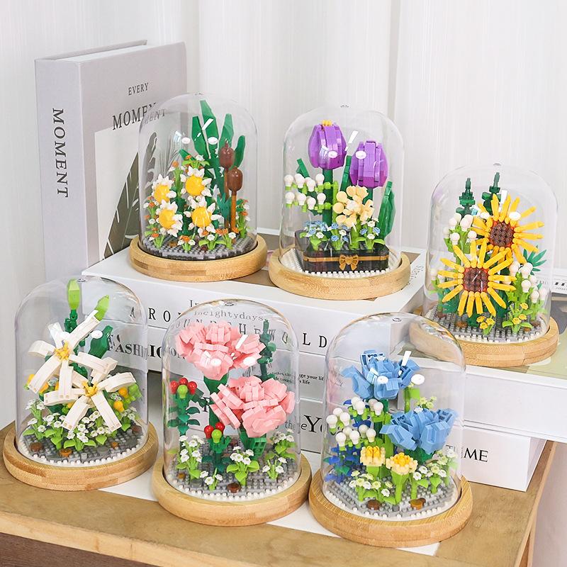 Sunflower Tulips Rose Daisy Flower Bouquet Building Blocks Set with LED Light and Glass Cover Compatible with Lego Creative DIY Toy Gift for Birthday Valentine's Day Teacher's Day Girlfriend