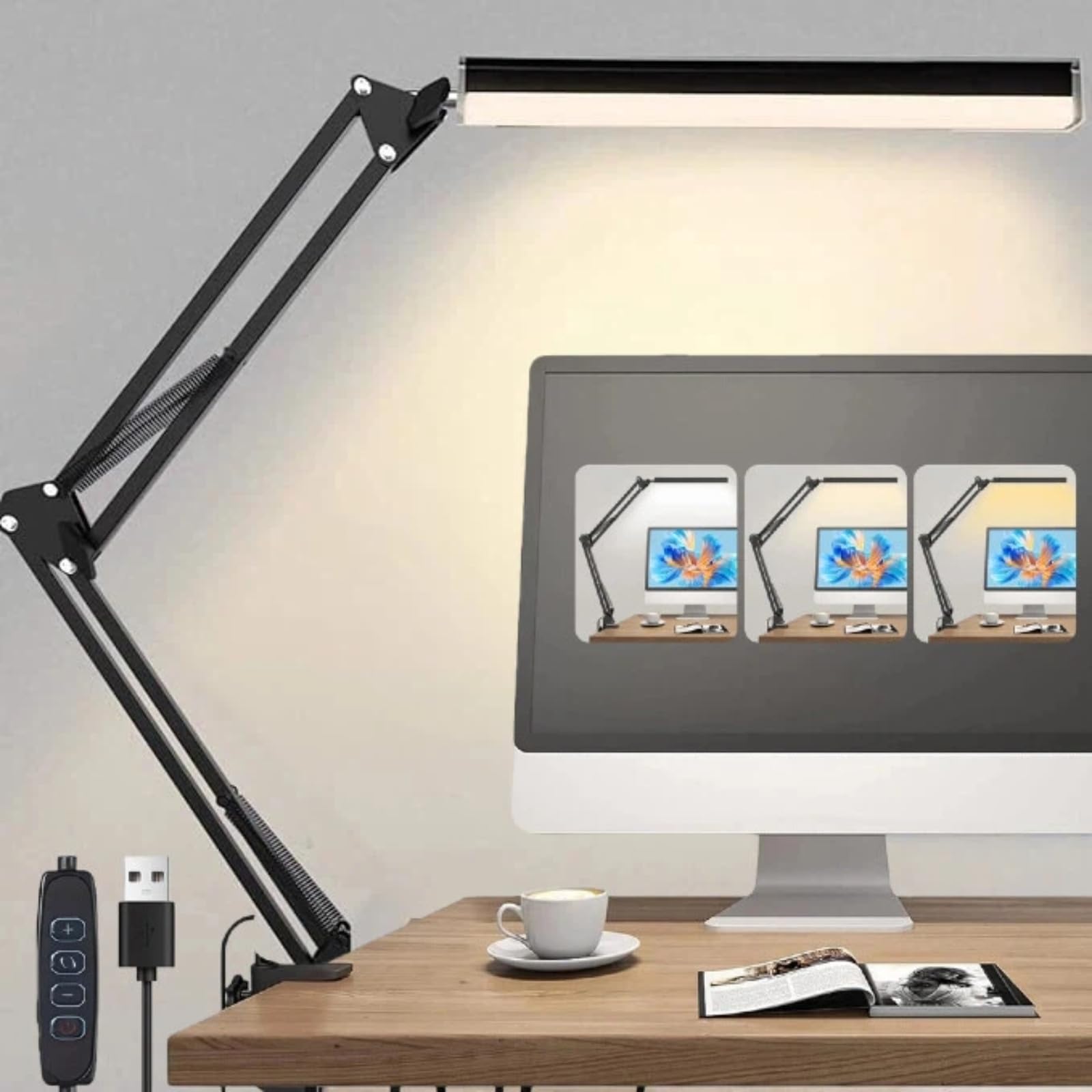 Lámpara Led De Escritorio Con Abrazadera Brazo Articulado Ajustable 3 Modos De Luz Y 10 Niveles De Brillo Regulable USB