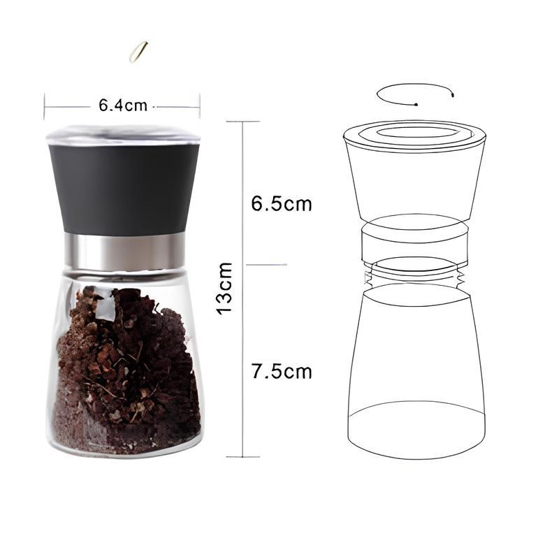 手动玻璃胡椒研磨器 香料盐研磨瓶 调味罐 厨房用具 带透明盖和易握手柄 适用于厨房调料研磨