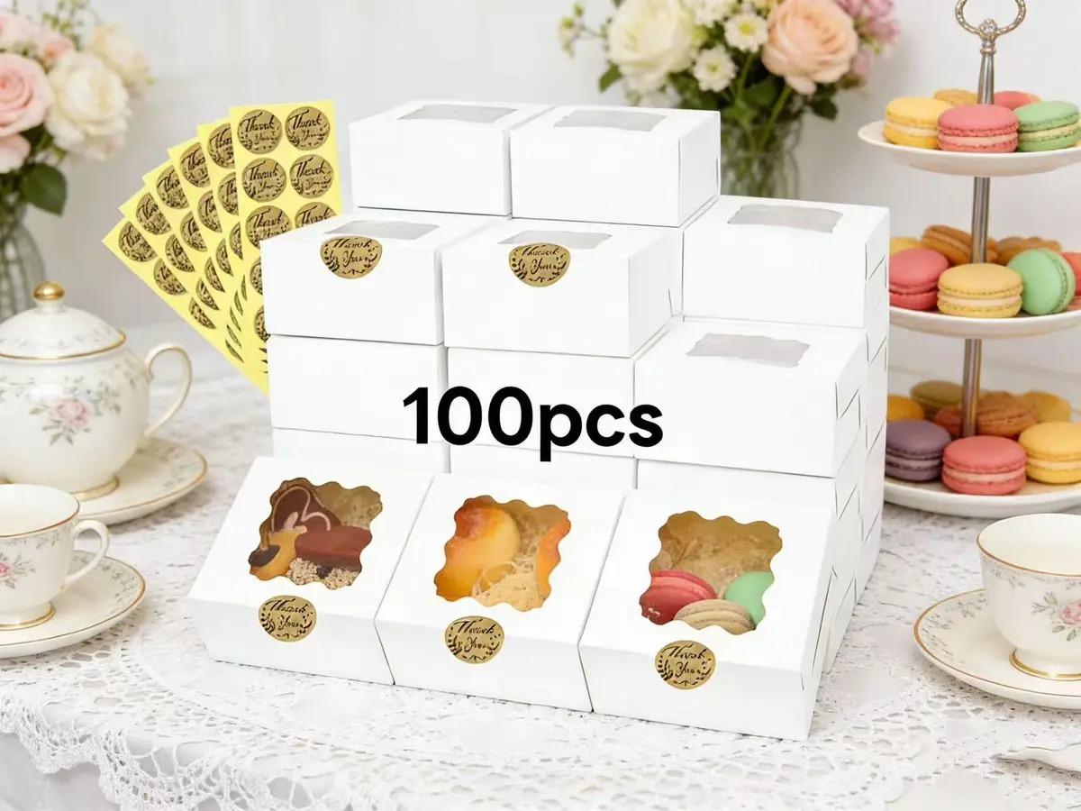 100个带窗蛋糕盒 10x10x6.5cm 卡纸盒附标签 适用于甜点 甜甜圈 曲奇 烘焙糕点