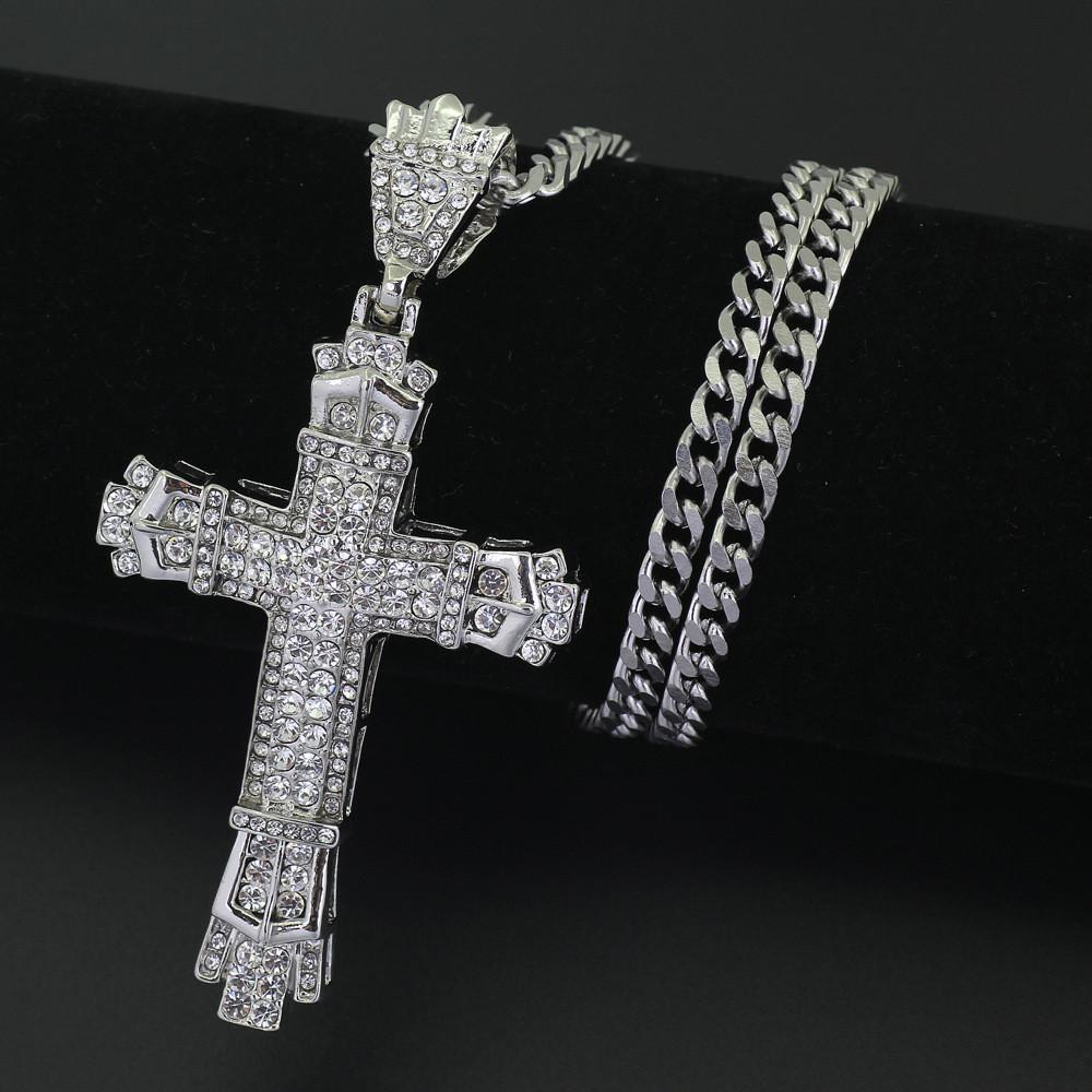 Hip Hop Large Cross Pendant Necklace Men Retro Bling Jewelry Unique Cuban Chain Style