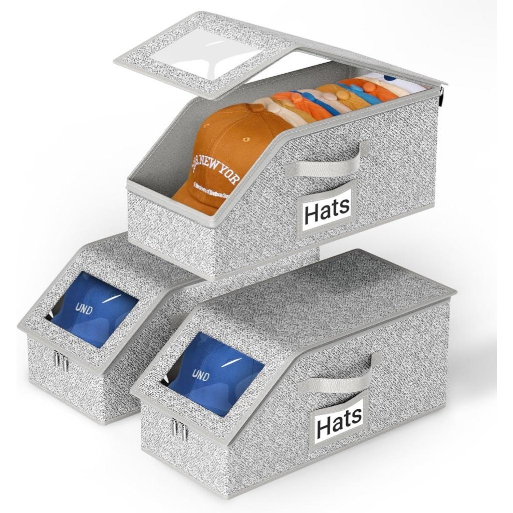 Stackable Hat Storage Box – Large-Capacity, Foldable Baseball Cap Organizer with Clear Window, Dust-Proof Zipper, and Sturdy Cardboard Lining