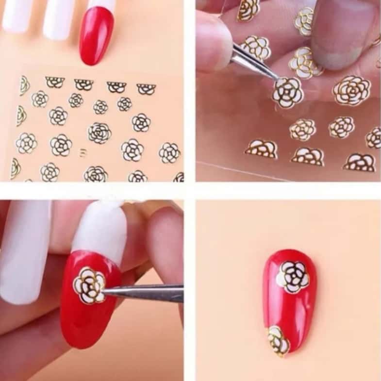 1000+张 3D立体美甲贴纸 金色全息花朵可爱图案 自粘 适用于凝胶/丙烯酸美甲