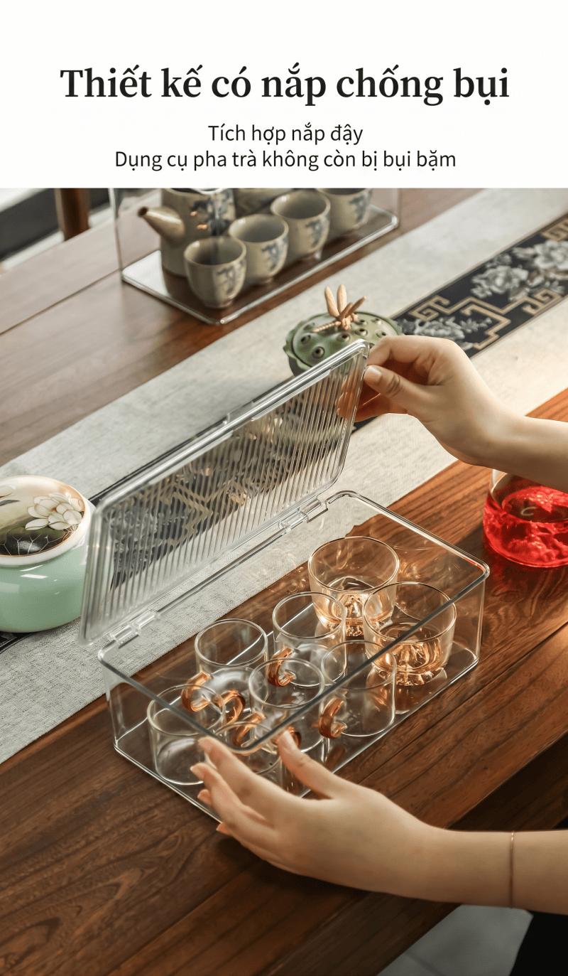 透明防尘杯具收纳盒 茶具酒杯置物架 多功能茶几托盘