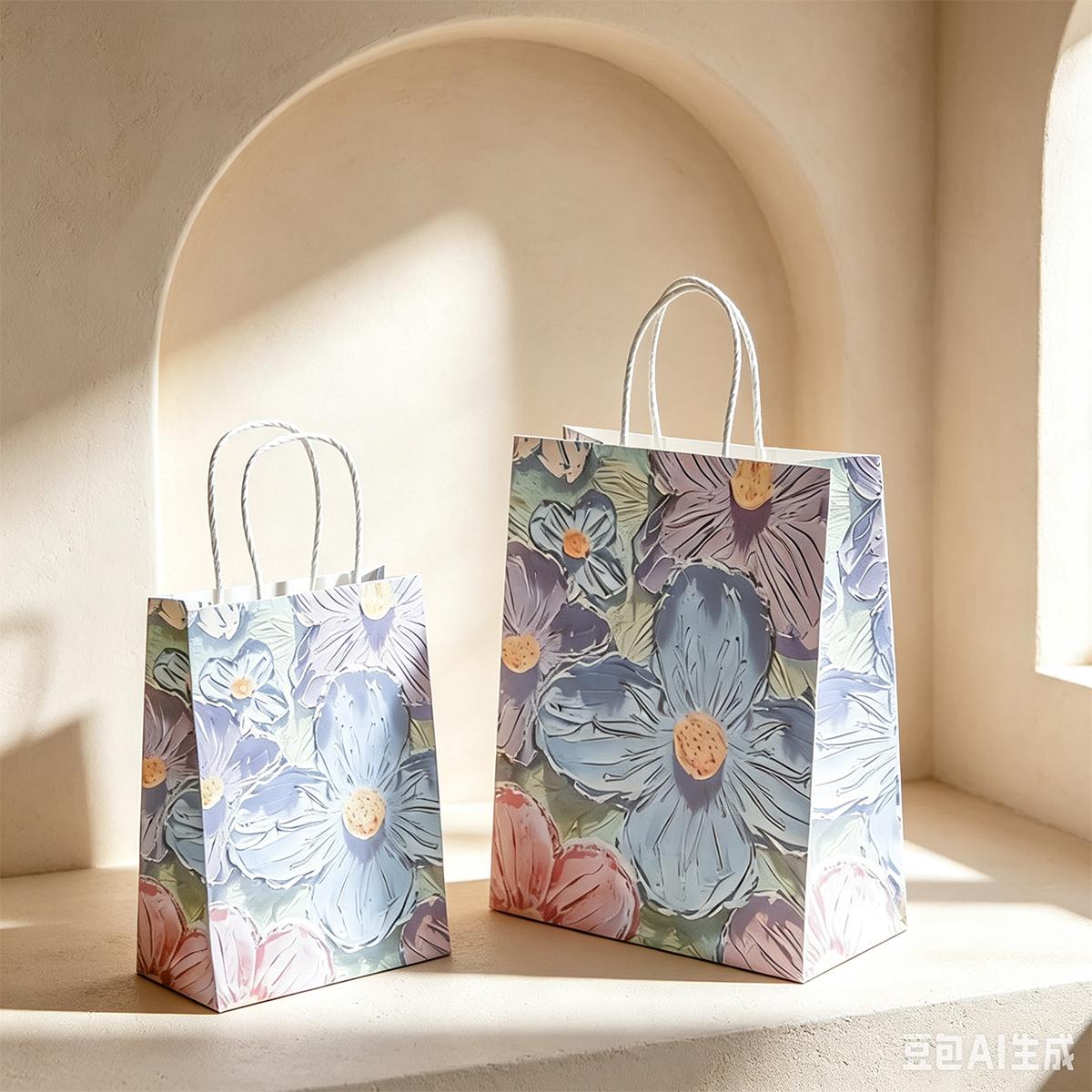 Paquete De 5 Bolsas De Papel Con Asa Estampado Floral Estilo Óleo Para Regalos Día De Las Madres San Valentín Y Navidad