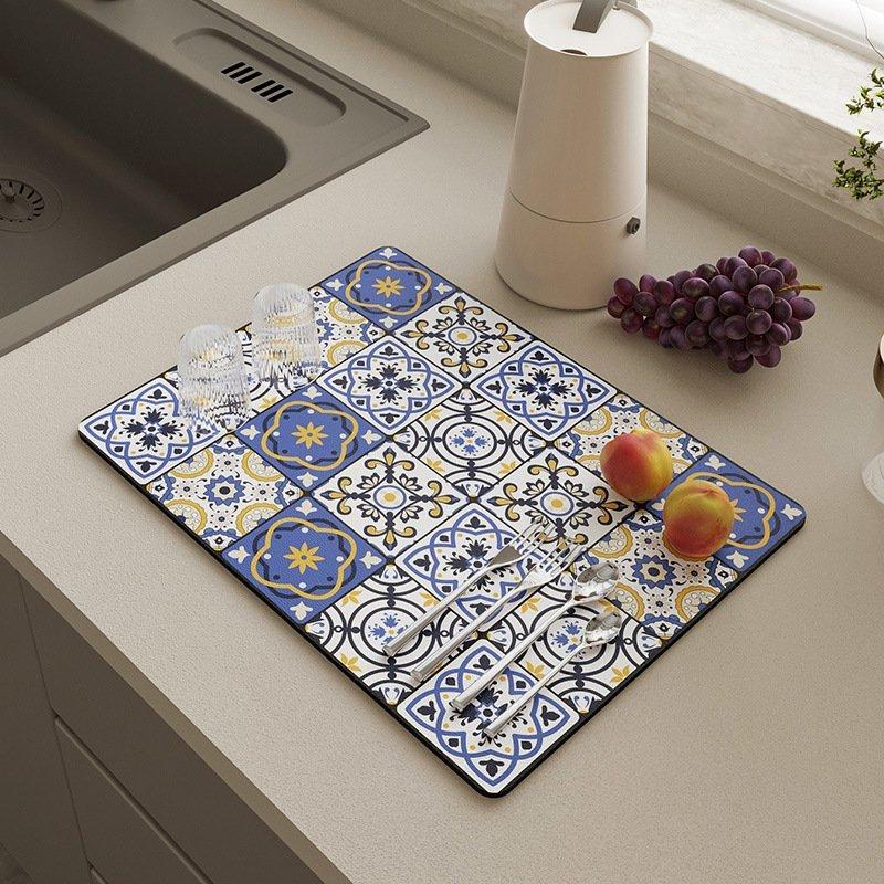 硅藻土碗碟垫 快速吸水速干 防潮隔热 厨房餐桌隔热垫 保护桌面 复古花纹设计 奢华多功能家用