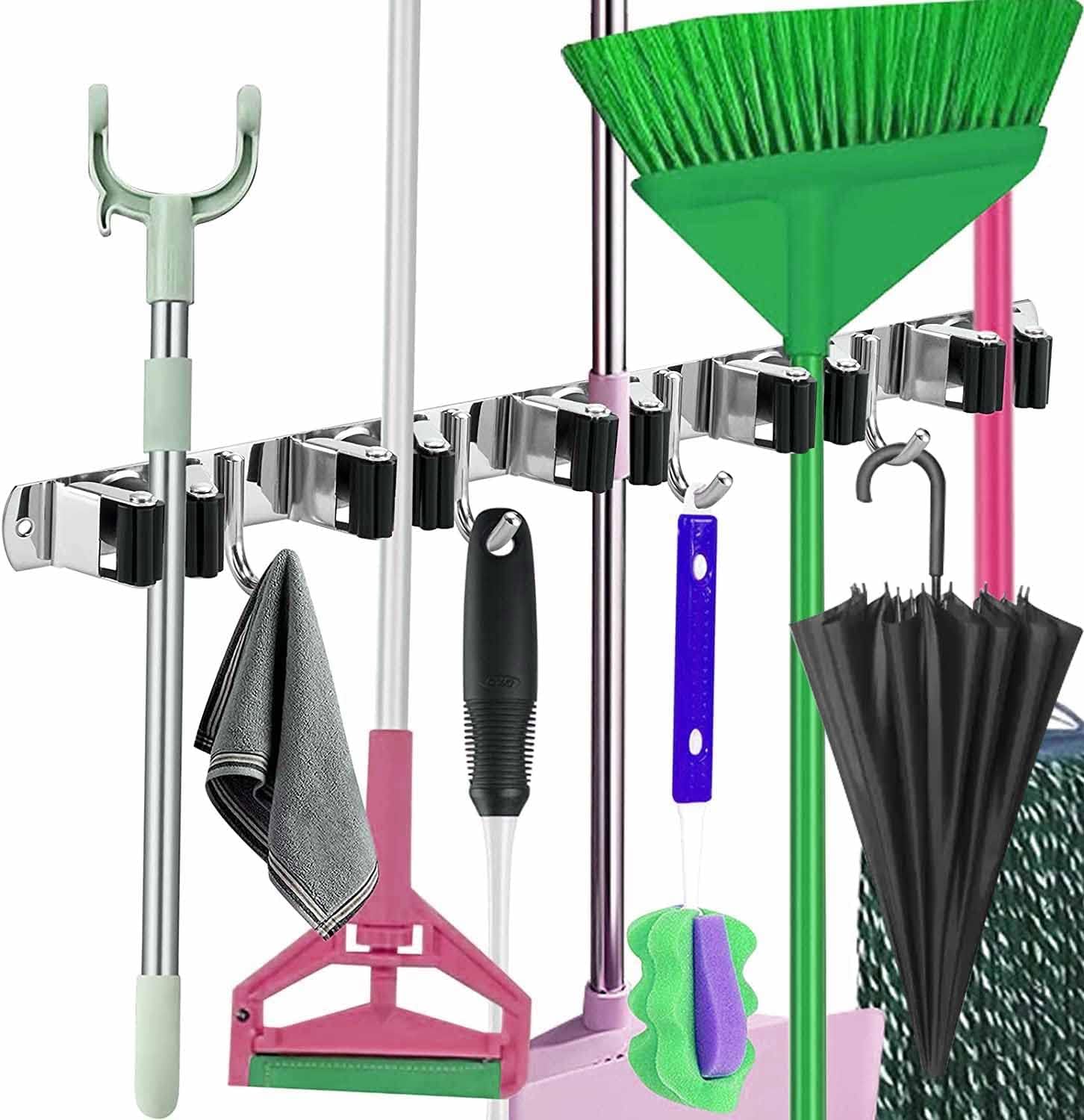 Organizador De Escobas Y Trapeadores Porta Escobas Pared De Acero Inoxidable Soporte Autoadhesivo Con Ganchos Cocina