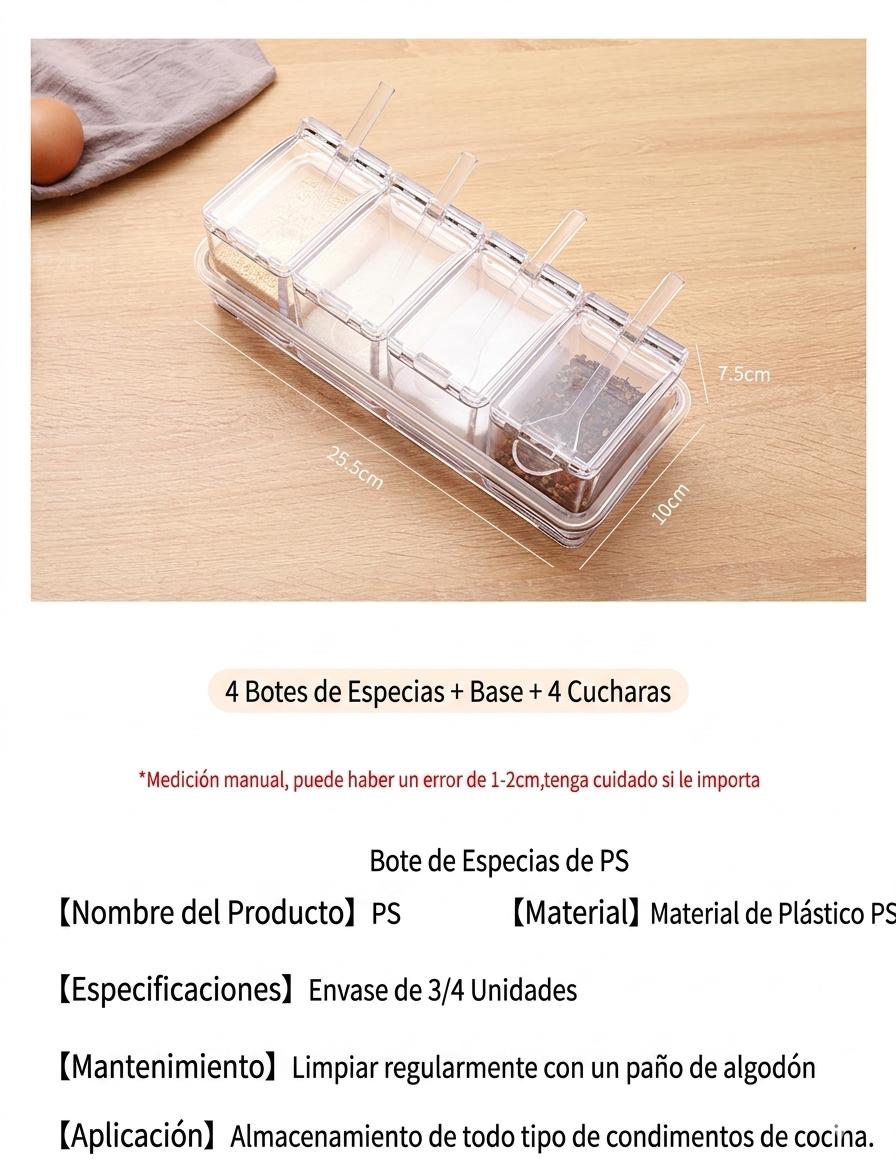 调味品收纳盒 透明桌面 带4个可拆卸调料罐 托盘和4把勺子 厨房置物架 调料盒套装 调味料整理盒