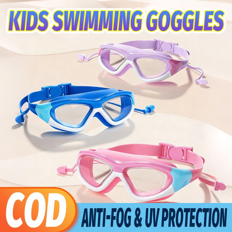 Kids Swim Goggles Anti-Fog Waterproof with Earplugs Wide-Angle HD Swimming Glasses for Boys Girls Professional Children Silicone Clear View Eyewear