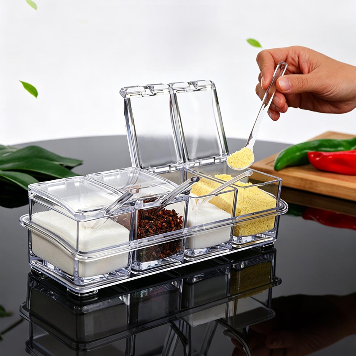 Especiero Organizador De Mesa Cristalino Con 4 Recipientes Desmontables Bandeja Y 4 Cucharas Para Cocina Condimentos