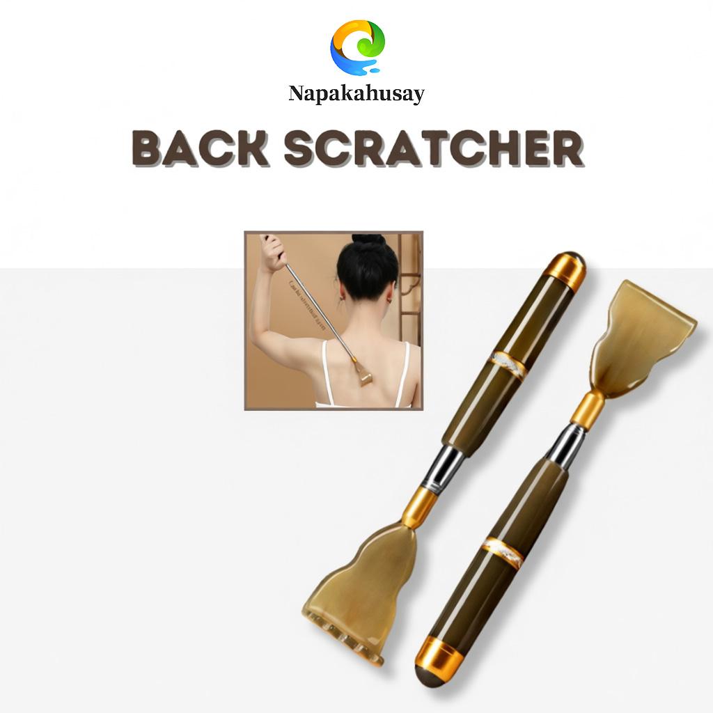 Premium natural horn back scratcher/massager: 5-section telescopic stainless steel design (extends to 54cm) with magnetic acupoint roller balls for effective itch relief