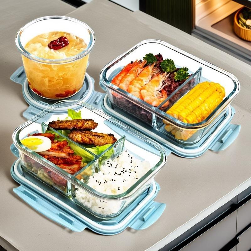 3 Compartment Glass Lunch Box, Leak Proof, Heat Resistant, Microwave Safe for Office
