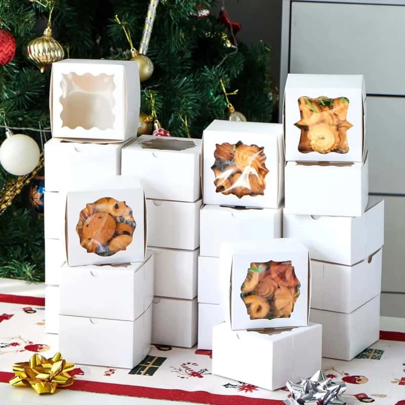 Paquete 100 Cajas Para Pastel Con Ventana 10x10x6.5cm De Cartón Con Etiquetas Para Postres Donas Galletas Y Repostería
