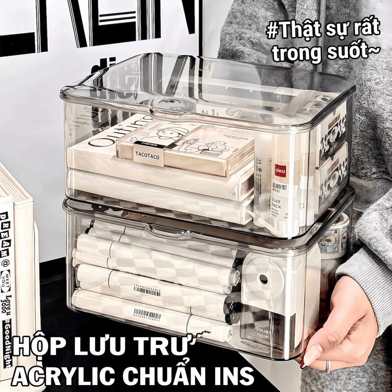 Clear Acrylic Desk Tray na may Flip Lid Dustproof Organizer para sa Cosmetics Storage Box Dorm Room Decor