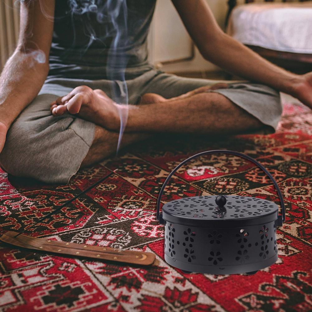 蚊香盘便携式复古防火金属蚊香圈支架托盘,带手柄和盖子,圆形铁质防火蚊香架,蚊香盒