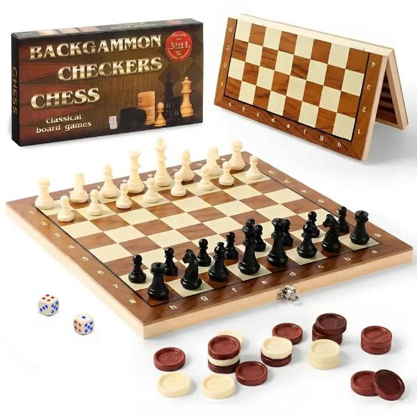 Juego de Ajedrez 3 en 1 Plegable de Madera con Damas Backgammon Dados y Piezas Portátil para Familia Viaje y Regalo