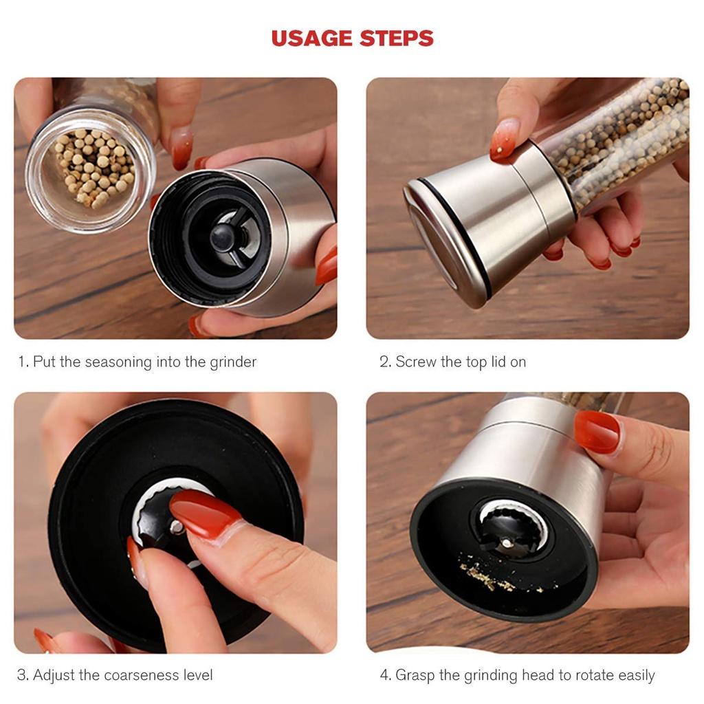 手动玻璃胡椒研磨器 香料盐研磨瓶 调味罐 厨房用具 带透明盖和易握手柄 适用于厨房调料研磨