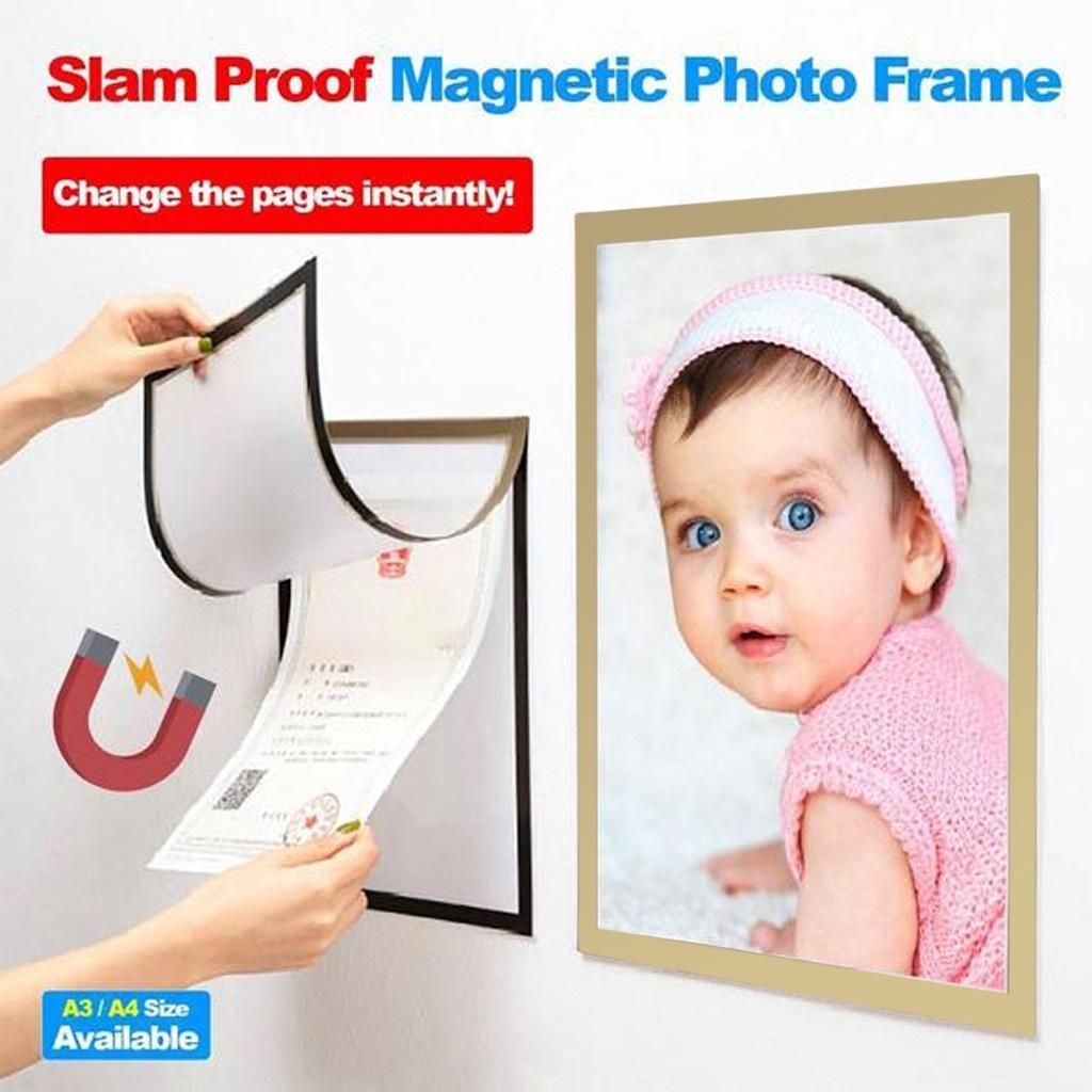 Popotidy Magnetic Photo Frame A4/A6/A5/A3 Black PVC Nano Adhesive Wall Photo Picture Frame for Office Classroom Easy Paste on Metal Surface