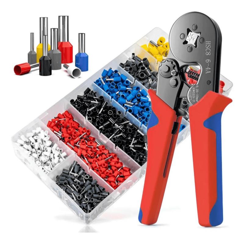 Kit Pinza Ponchadora Para Terminales 0.25-10mm2 Con 1200 Conectores Ferrules De Crimpado Eléctrico Autoajustable Con Trinquete