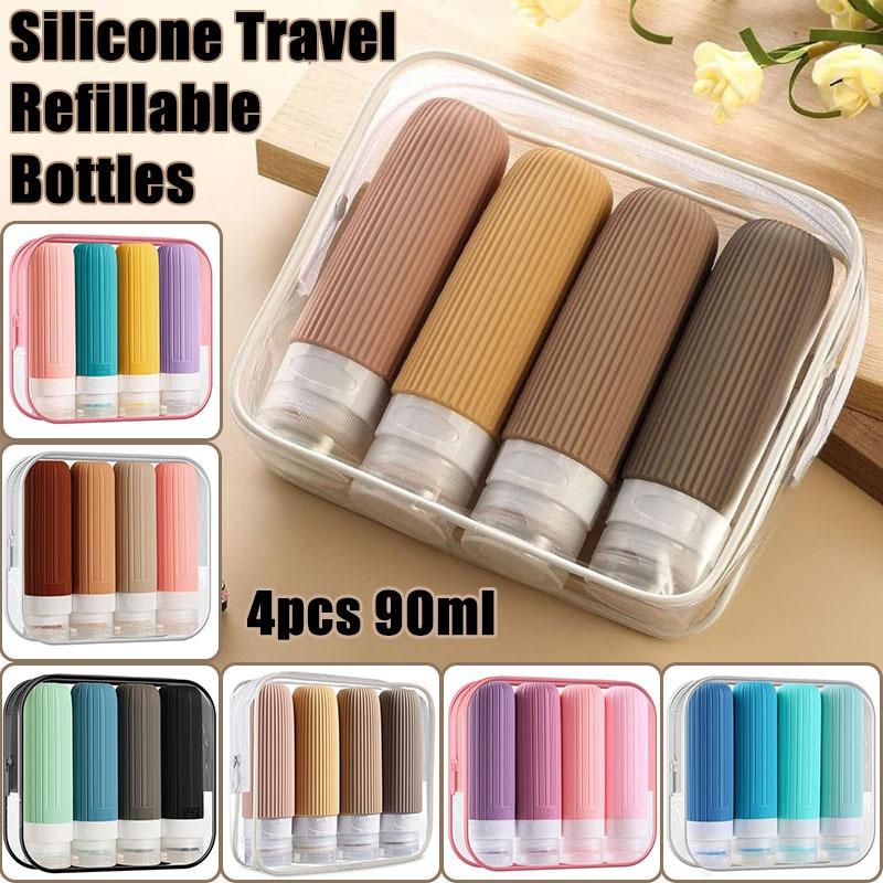 【4-Piece Set】4-in-1 Silicone Travel Bottle Set (90ml) – Stylish, Leak-proof, Refillable; Suitable for Shampoo, Lotion, & Toiletries; Includes Clear Storage Bag; TSA-Compliant