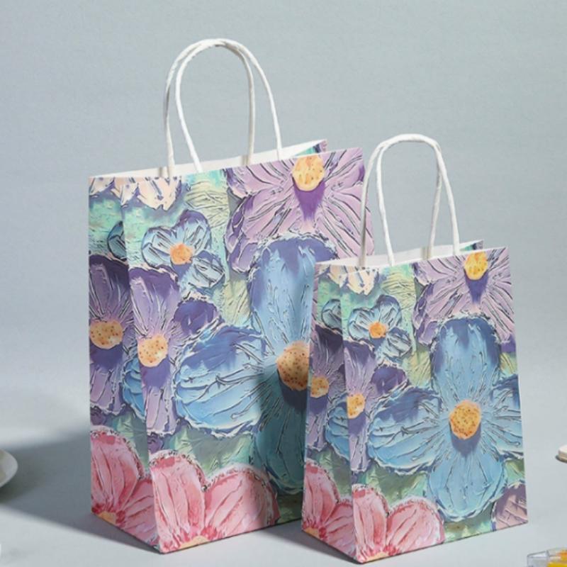 5个装带提手纸质手提袋 花卉油画风格印花礼品袋 适用于母亲节情人节圣诞节礼物包装