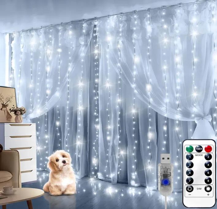 Cortina De Luces LED 3x3m Con Ganchos Impermeable Luces Con Control Remoto Y USB Para Recámara Fiestas Boda Y Navidad