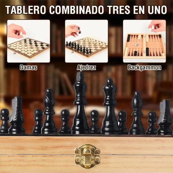 国际象棋3合1木质折叠棋盘套装,含跳棋、双陆棋、骰子和棋子,便携式,适合家庭、旅行和送礼