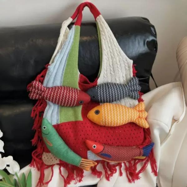 针织包 女式 流苏装饰 托特包 单肩包 手提包 沙滩度假 波西米亚风格 休闲女包