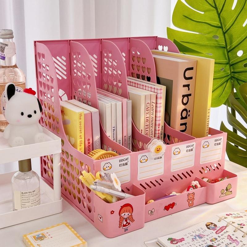 A4 Document and Book Organizer with 4 Large Compartments and Storage Drawer, Durable Plastic for Tidy Study Office Desk
