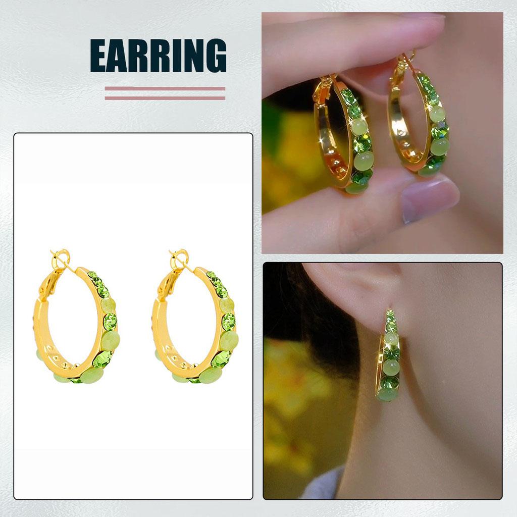 Spring Summer Green Rhinestone Circle Earrings High-End Light Luxury Retro Temperament Earrings High-End Earrings