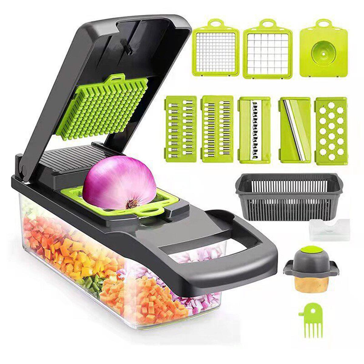Picador de Verduras Multifuncional Set 16 Piezas Cortador Rallador de Alimentos Manual Cortapapas con Contenedor Organizado para Cocina Hogar