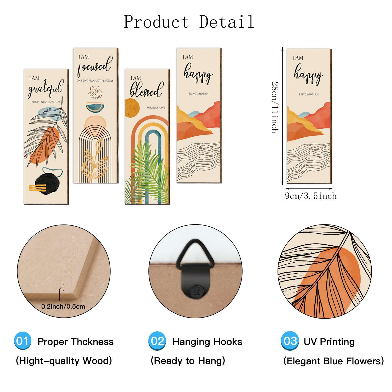 木质墙壁挂饰 4pcs 励志 保持积极 努力工作 实现梦想 可悬挂家居装饰挂件